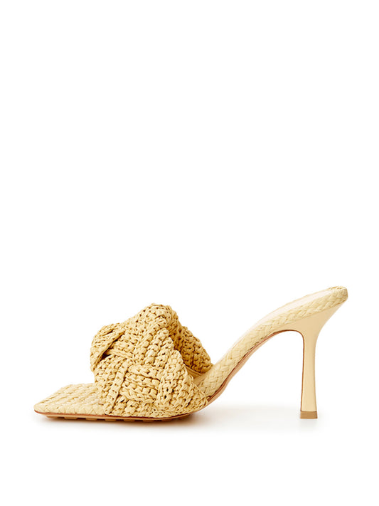 Elegant Beige Raffia Heeled Sandal Mules