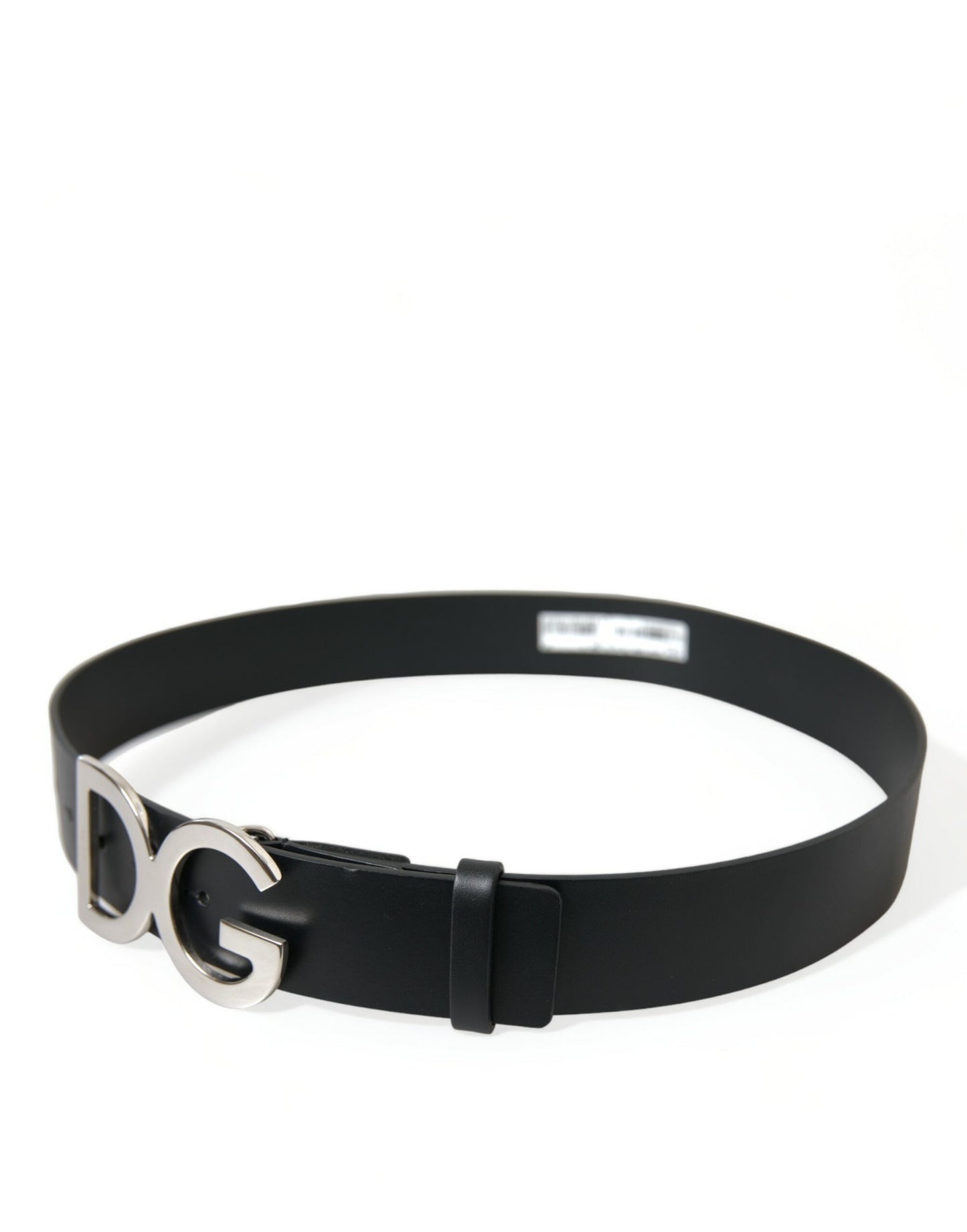 Black Leather Silver Logo Metal Buckle Belt