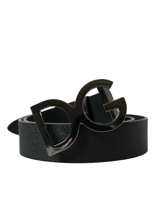 Black Leather Silver Logo Metal Buckle Belt