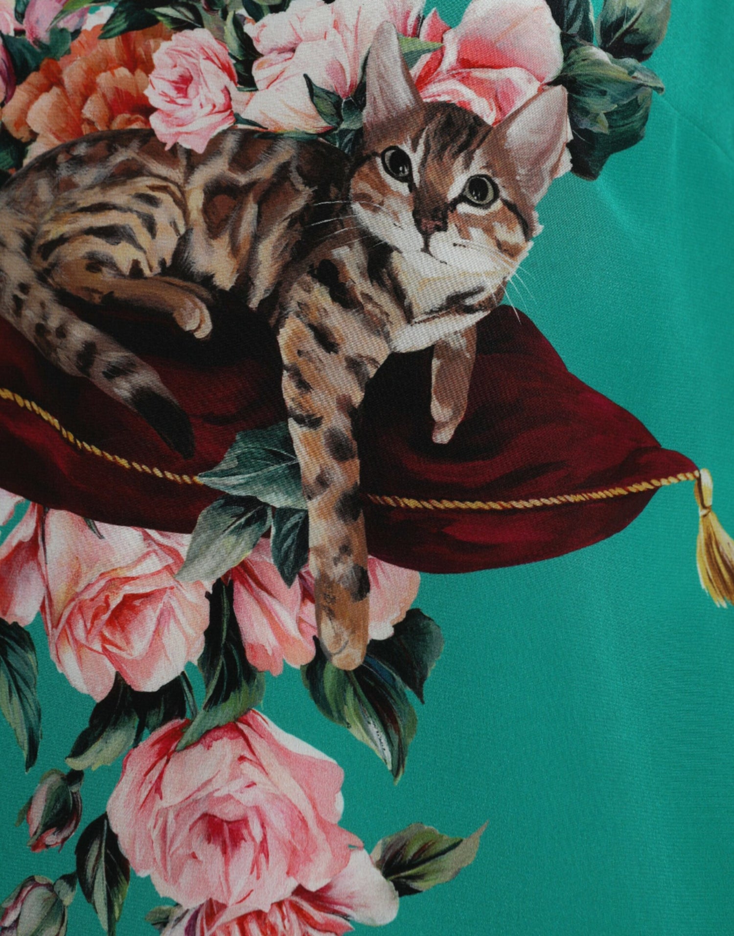 Green Floral Cat Silk Round Neck Tank Top