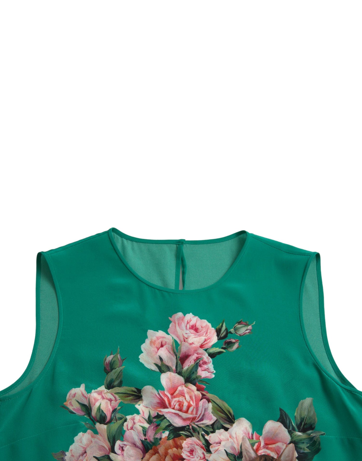 Green Floral Cat Silk Round Neck Tank Top