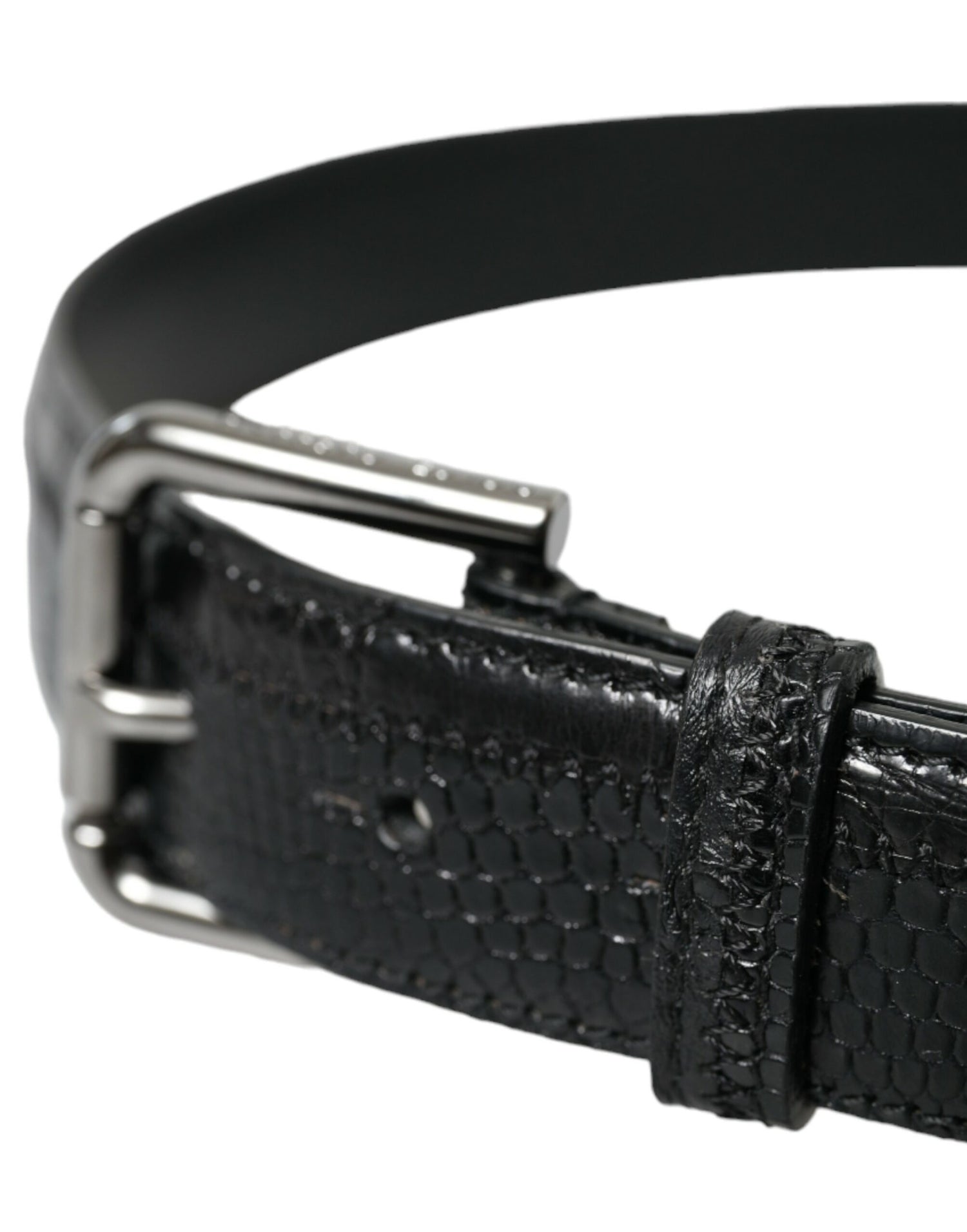 Black Exotic Leather Silver Metal Buckle Belt