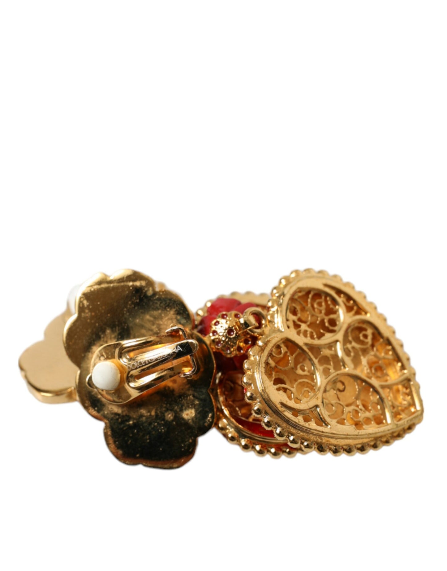 Gold Brass BOOM Cartoon Heart Crystal Clip-On Earrings