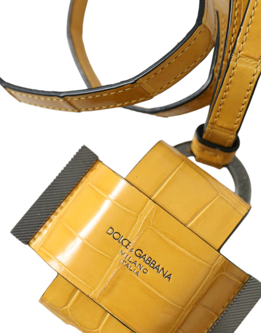 Yellow Crocodile Leather Logo Print Lanyard Keychain