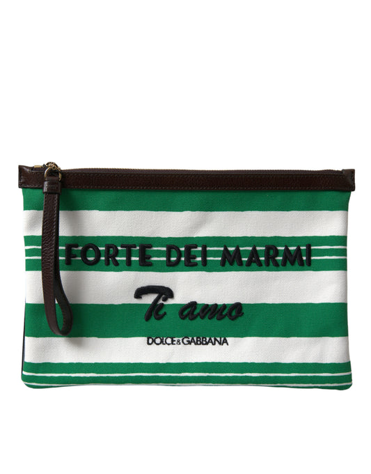 White Green Stripes Cotton Printed Clutch Bag