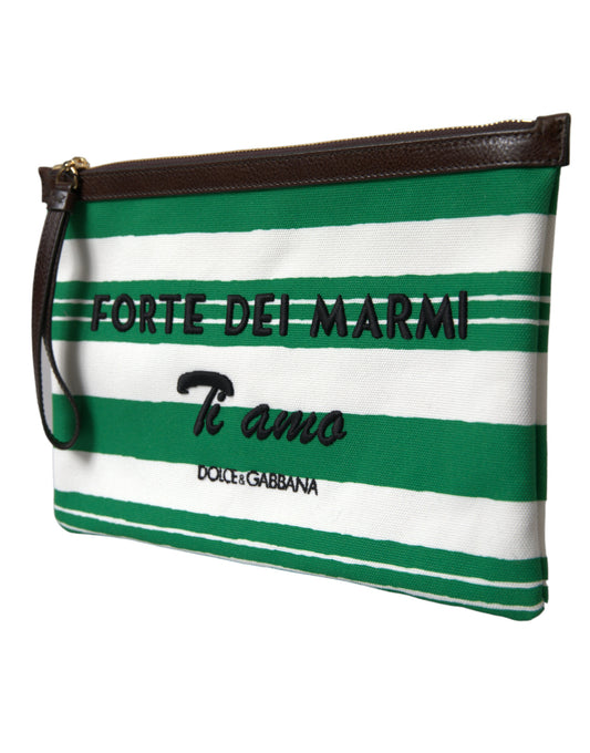 White Green Stripes Cotton Printed Clutch Bag