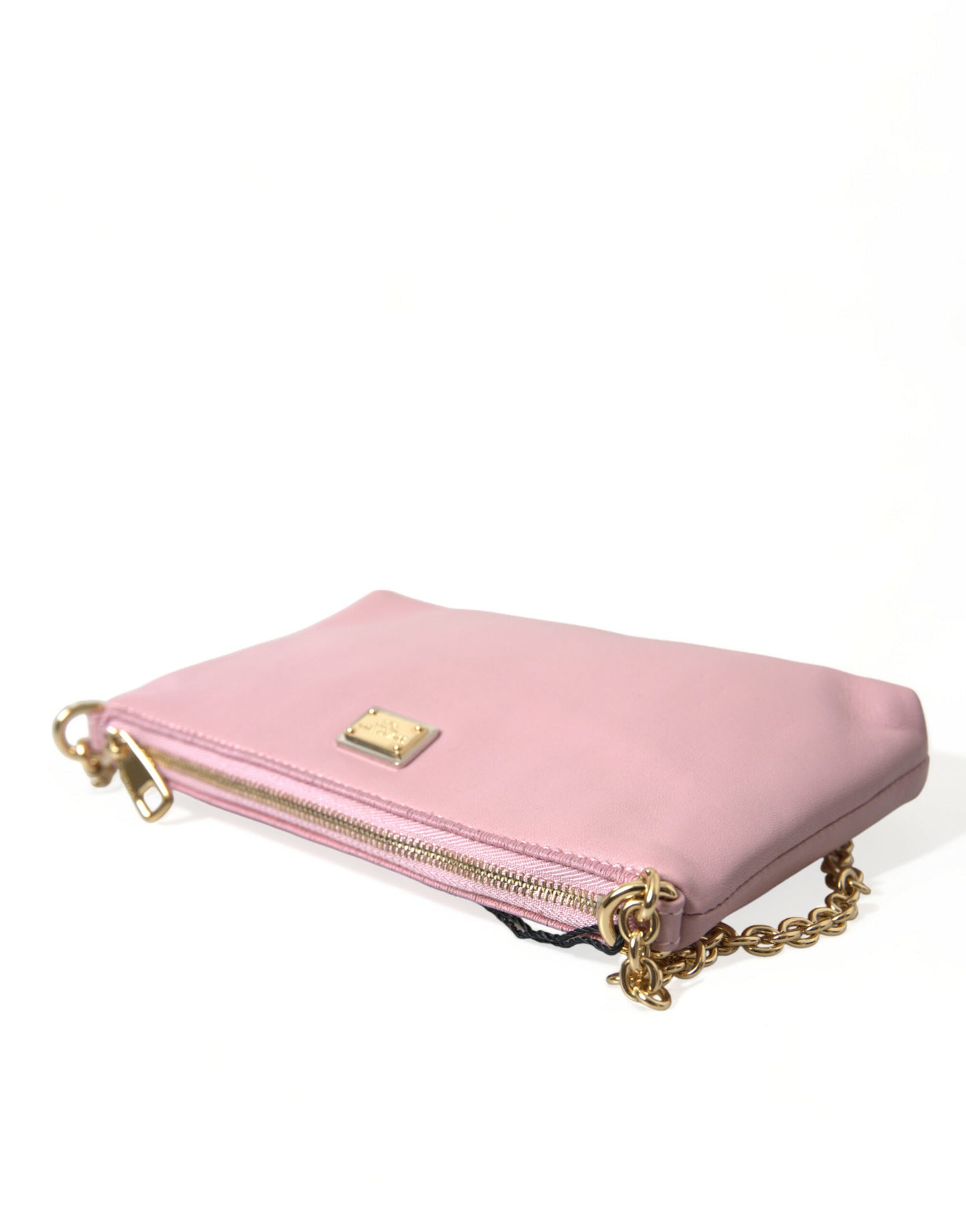 Pink Floral Embroidered Leather Chain Clutch Bag