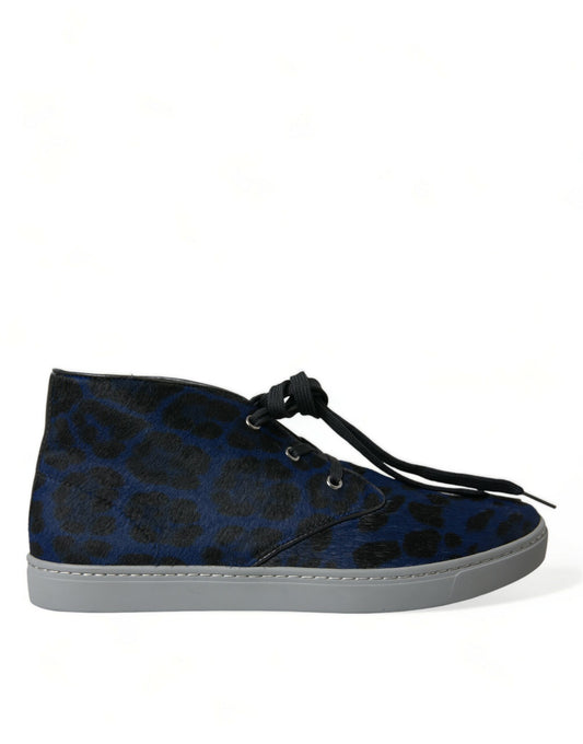 Blue Calfskin Leopard Mid Top Sneakers Shoes