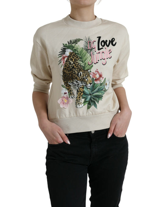 Beige Jungle Printed Cotton Pullover Sweater