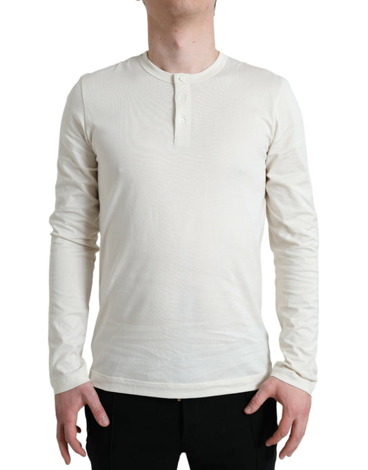 Off White Cotton Henley Pullover Sweater