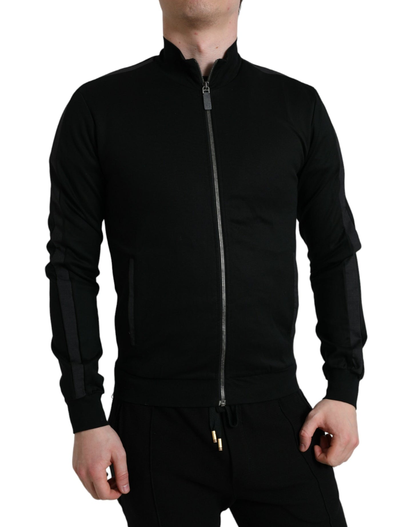 Black Cotton Full Zip Long Sleeves Sweater