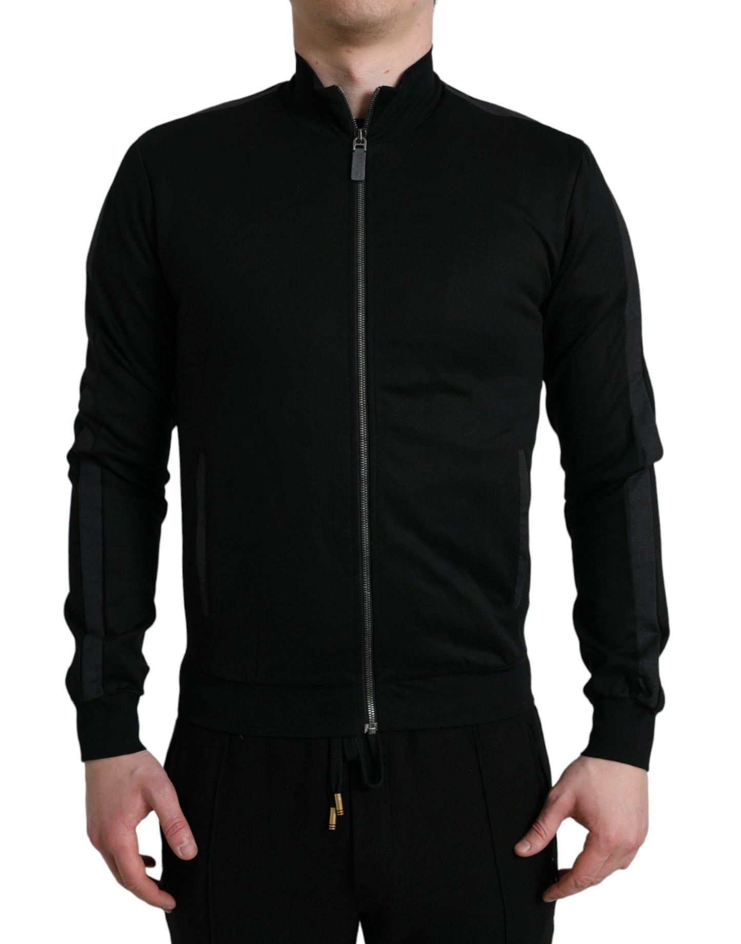 Black Cotton Full Zip Long Sleeves Sweater