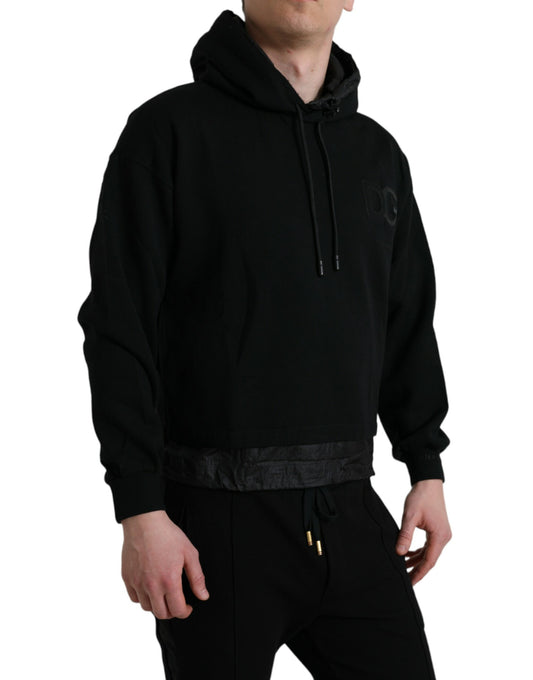 Black Cotton Hooded Logo Pullover Sweater