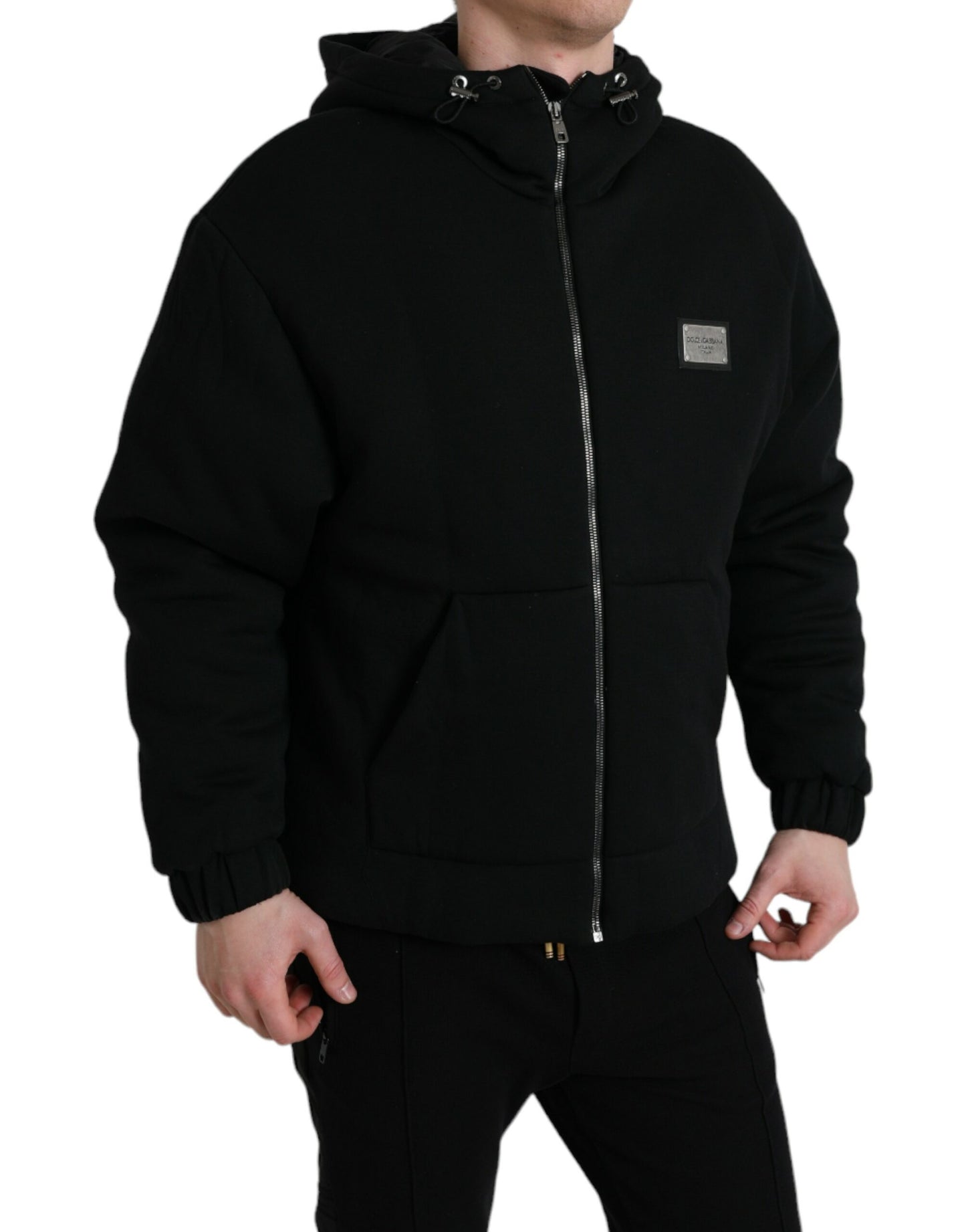 Black Cotton Hooded Logo Bomber Jacket