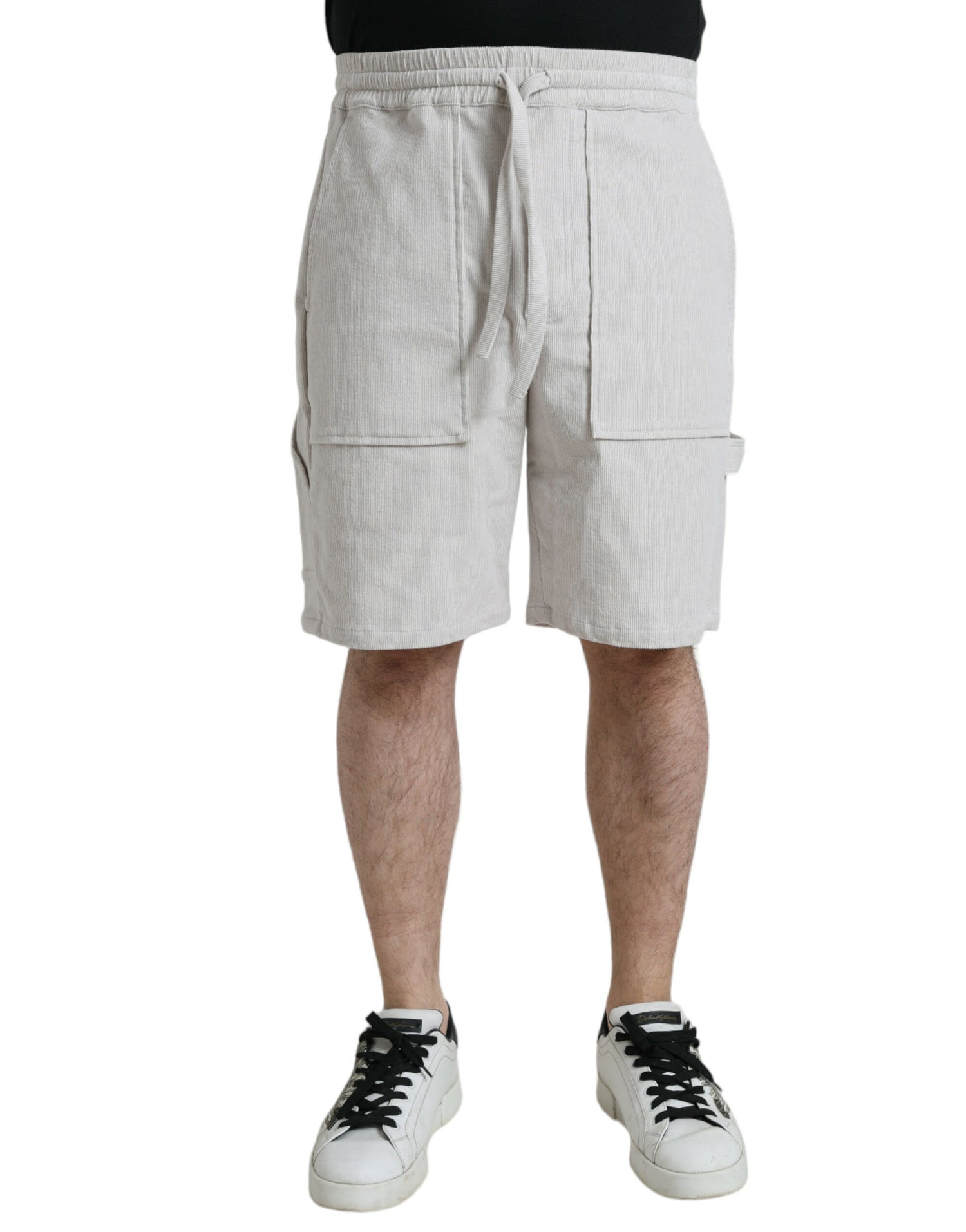 Beige Cotton Corduroy Logo Bermuda Shorts