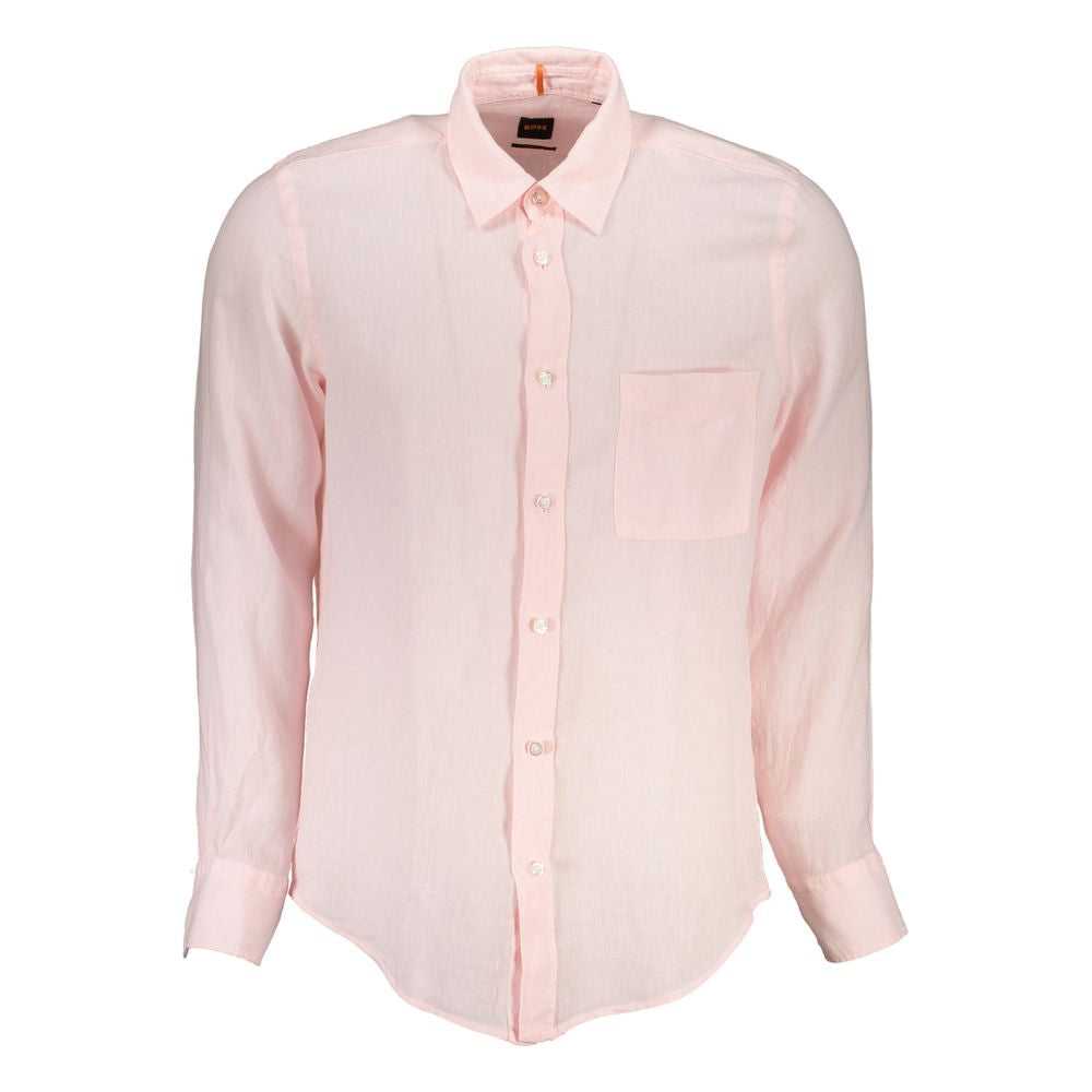 Elegant Pink Linen Long Sleeve Shirt