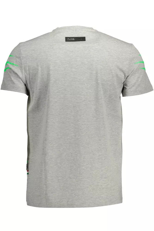 Sleek Gray Crew Neck Logo Tee with Contrasting Details