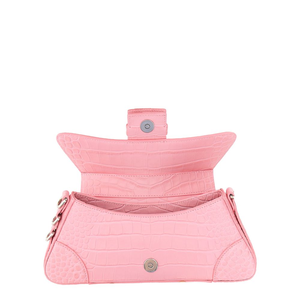 Chic Pink Leather Flap Handbag with Silver Trim