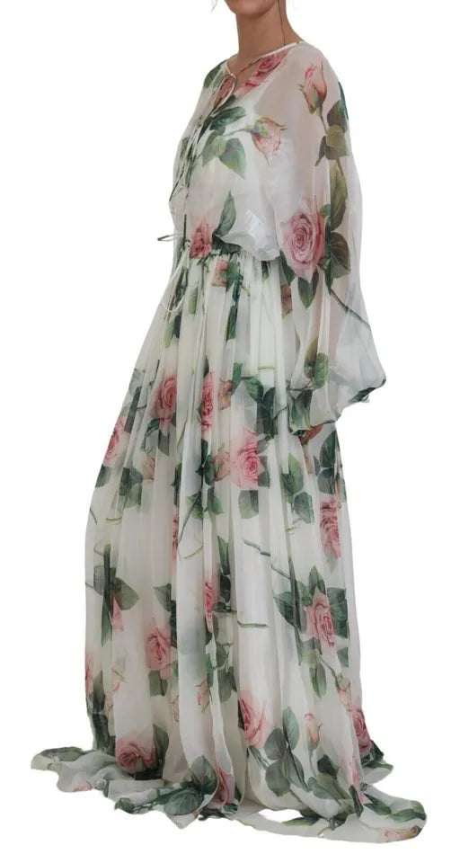 White Floral Roses Silk Maxi Gown Dress