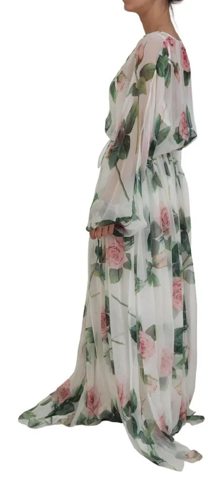 White Floral Roses Silk Maxi Gown Dress