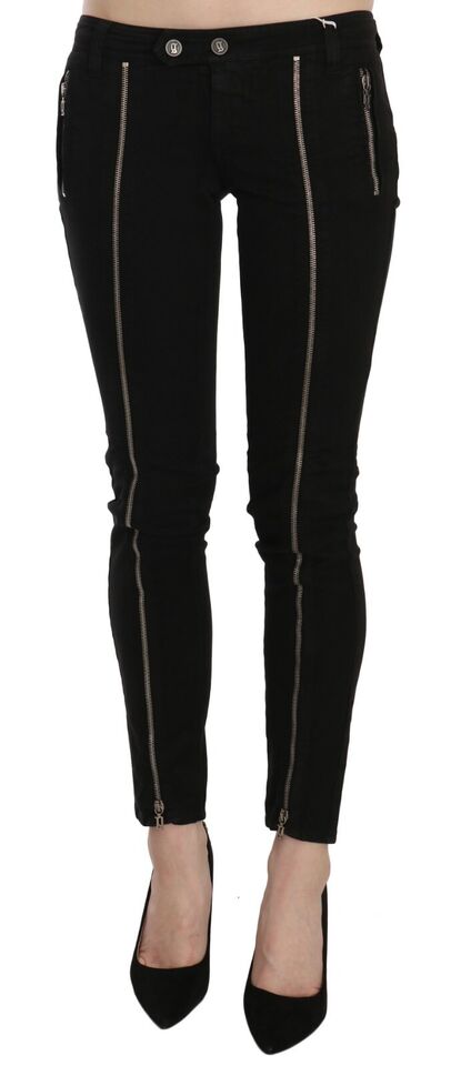 Black Low Waist Zipper Cropped Skinny Denim Pants