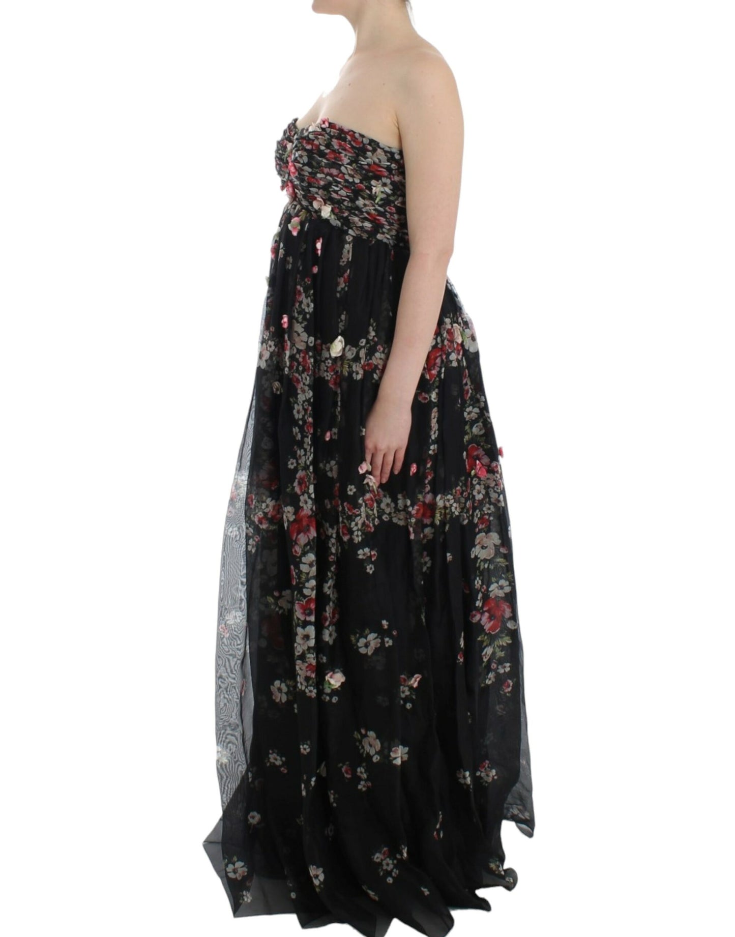 Masterpiece black floral print silk runway dress