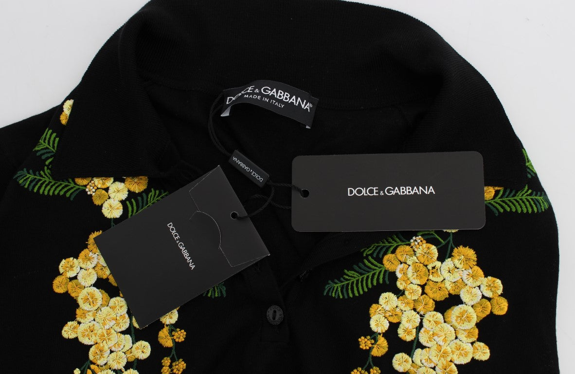 Elegant Black Silk Floral Polo Top