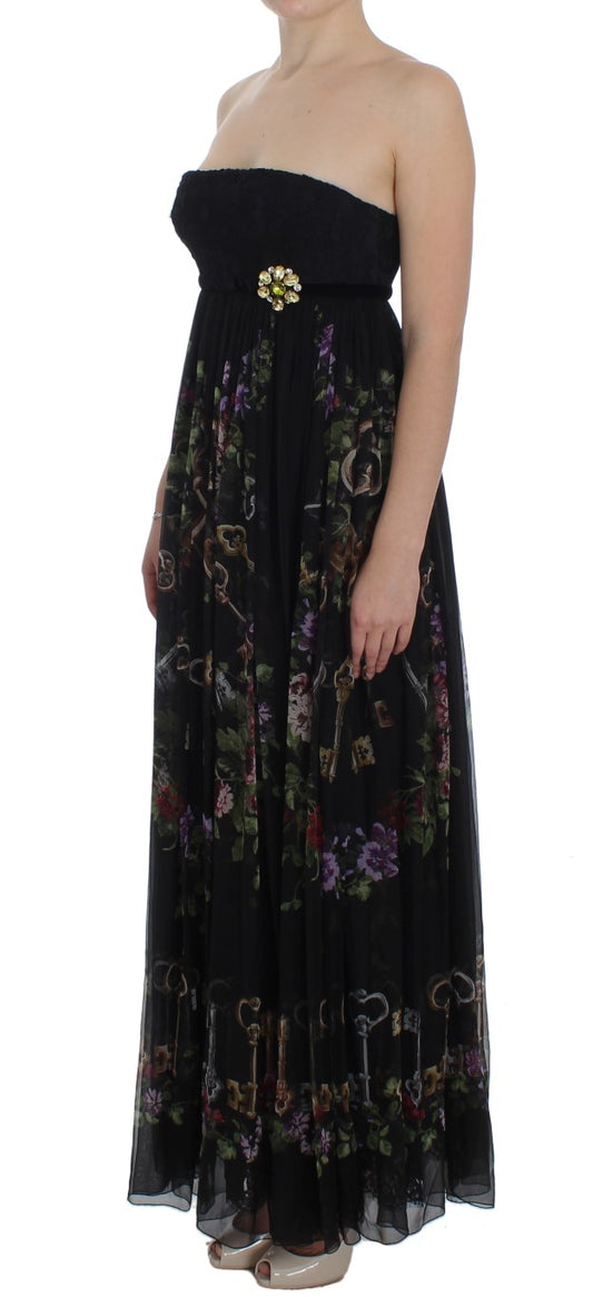 Multicolor Rose & Key Print Maxi Dress with Crystal