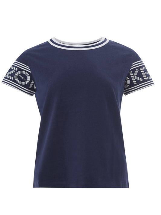 Chic Blue Cotton Tee with Contrast Logo Sleeves