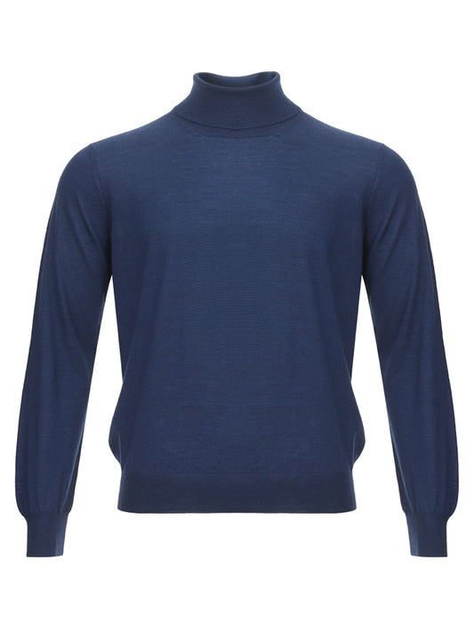 Elegant Cashmere & Silk Blue Turtleneck