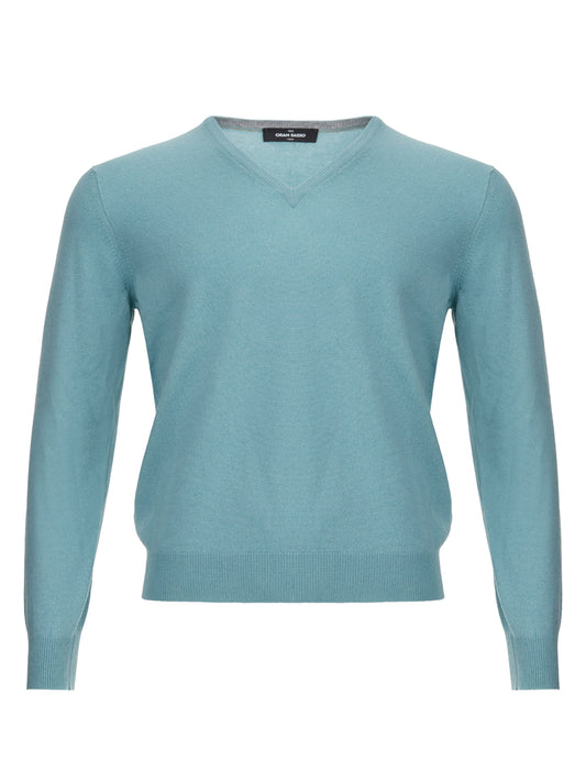 Elegant Light Blue Cashmere V-Neck Sweater