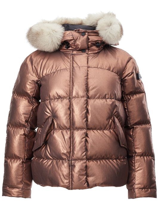 Elegant Bronze Quilted Jacket with Fox Fur Collar