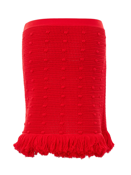 Elegant Red Pompom Detail Pencil Skirt