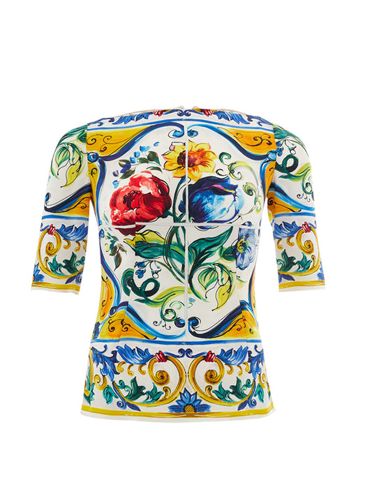 Elegant Maiolica Print Silk Top