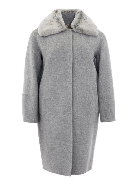 Elegant Grey Wool Coat with Removable Fur Collar