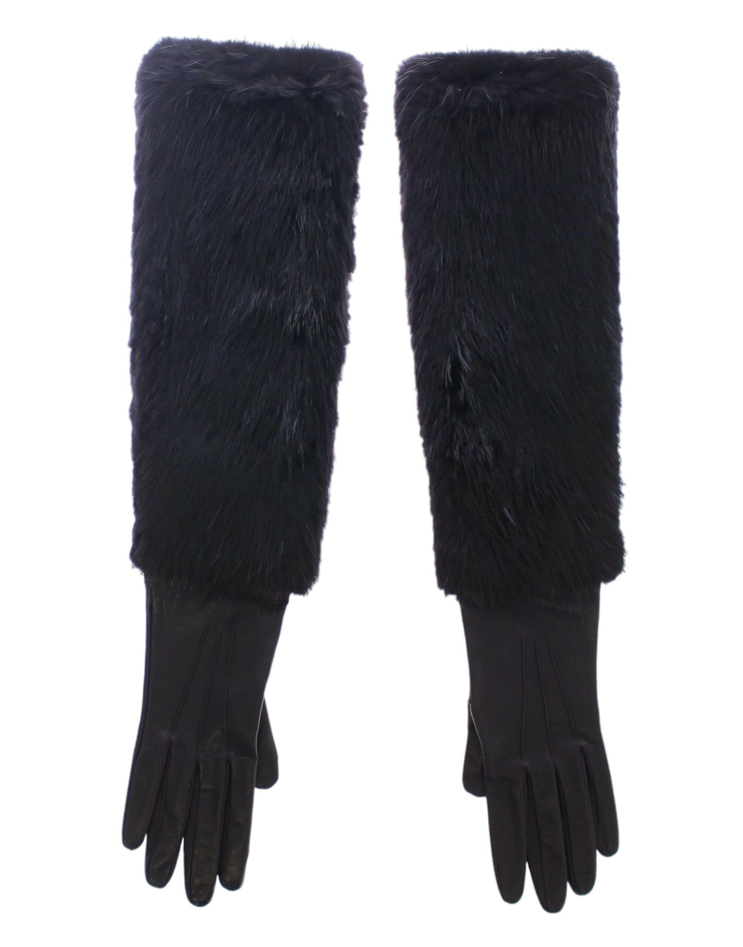 Black Beaver Fur Lambskin Leather Elbow Gloves