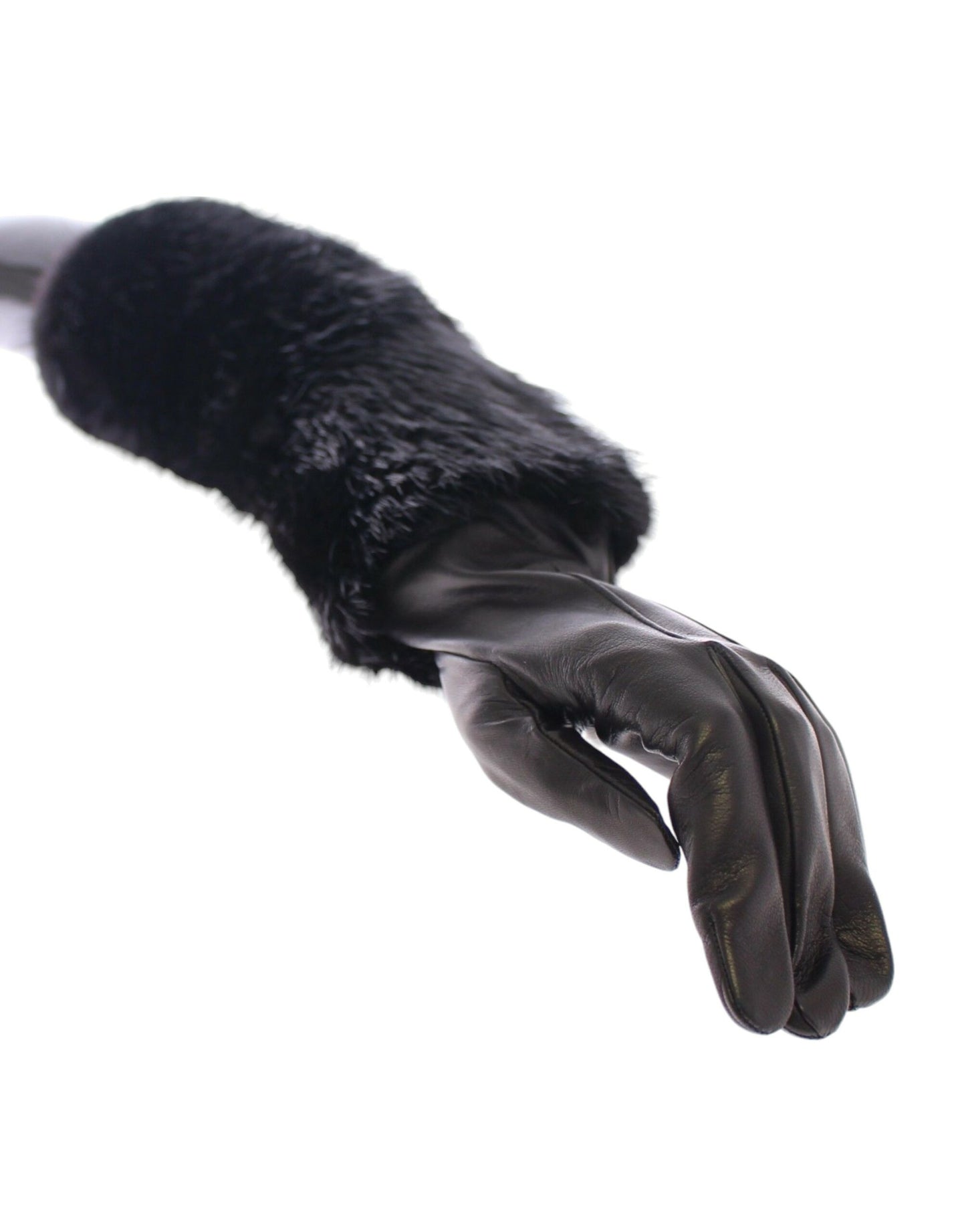 Black Beaver Fur Lambskin Leather Elbow Gloves