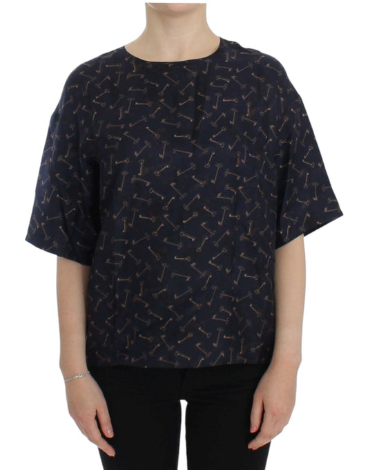 Blue gold key print silk blouse