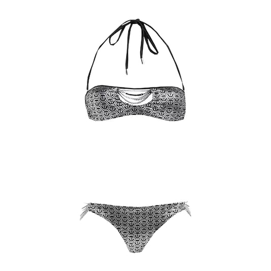 Chic Grey Lurex Bandeau Bikini with Chain Details