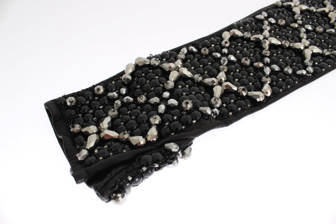 Elegant Black Crystal Beaded Leather Gloves