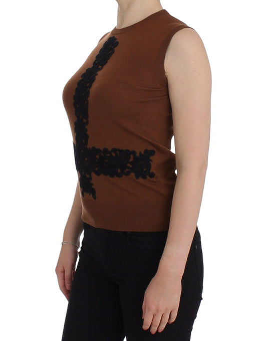 Brown Wool Black Lace Vest Sweater Top