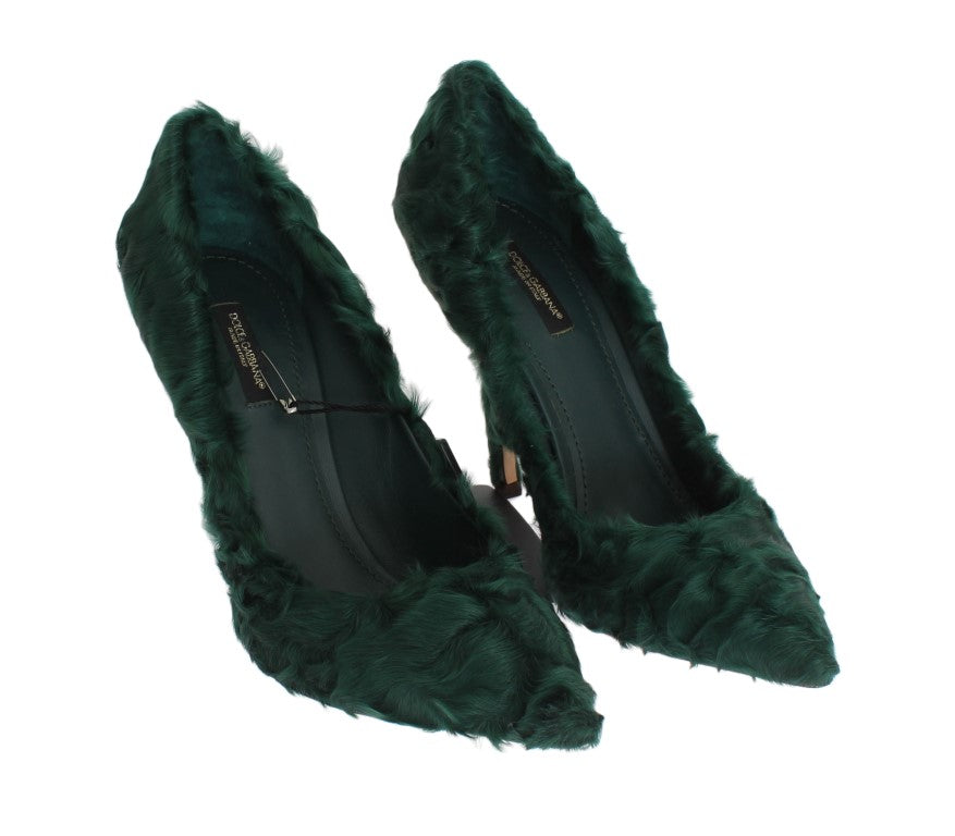 Elegant Green Xiangao Fur Leather Pumps