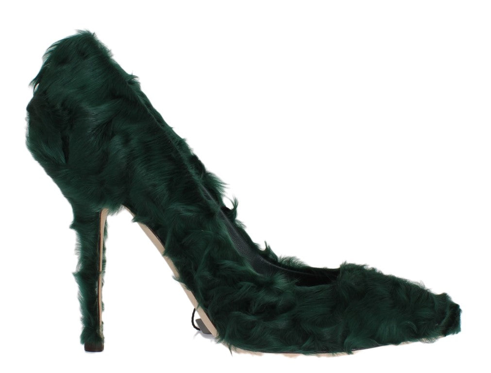 Elegant Green Xiangao Fur Leather Pumps