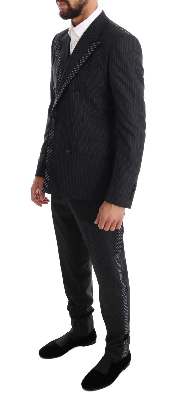 Elegant Gray Striped Wool Silk Men's 3-Piece Suit