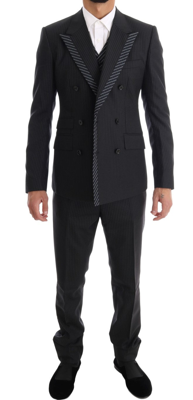 Elegant Gray Striped Wool Silk Men's 3-Piece Suit