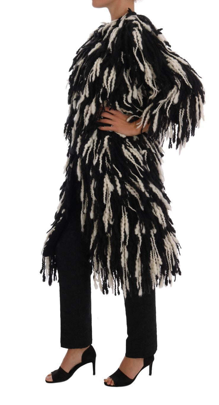 Black and White Fringed Wool Coat Jacket