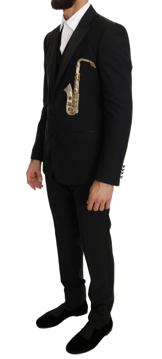 Elegant Black Three-Piece Suit with Saxophone Embroidery