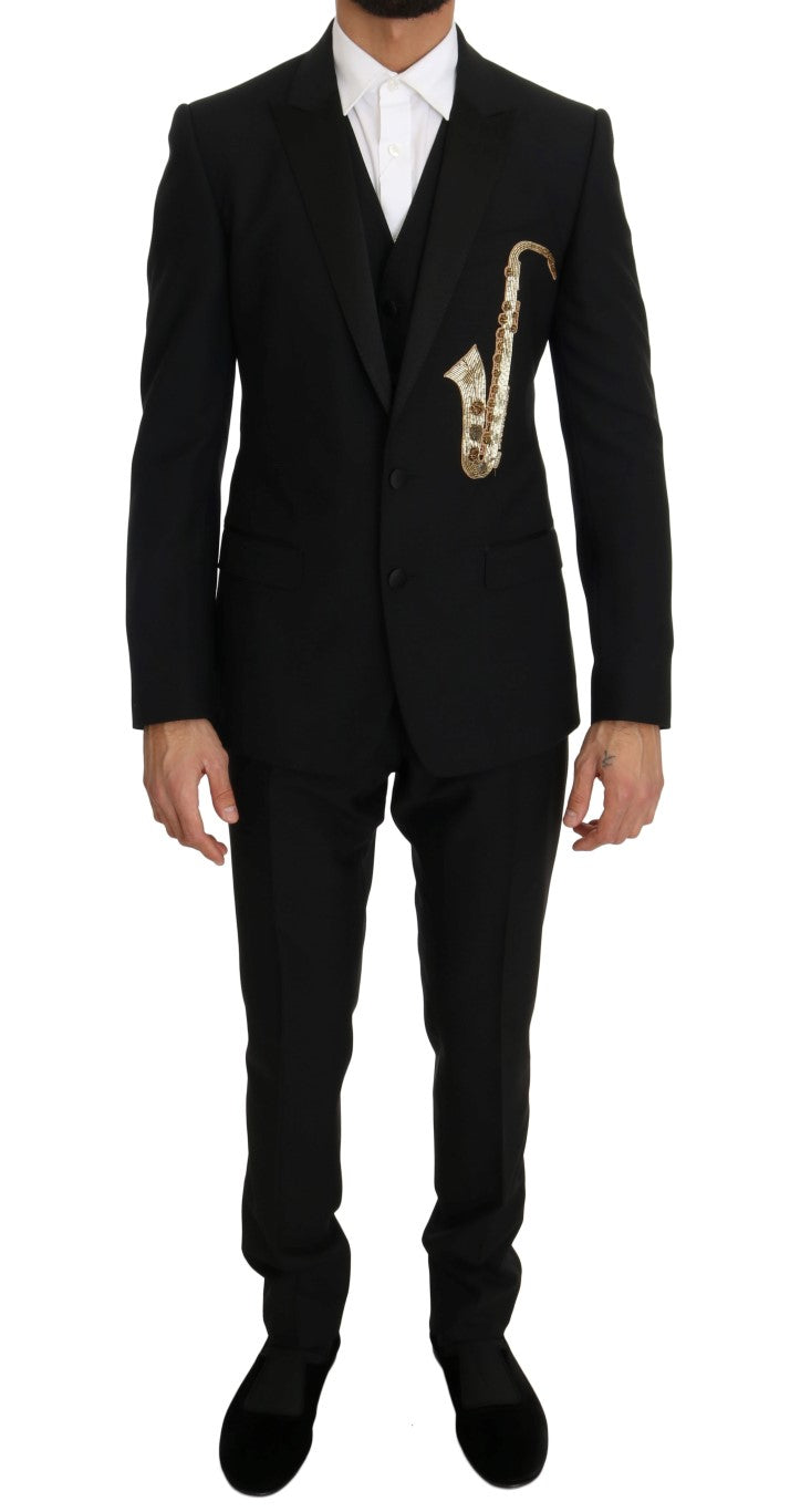 Elegant Black Three-Piece Suit with Saxophone Embroidery