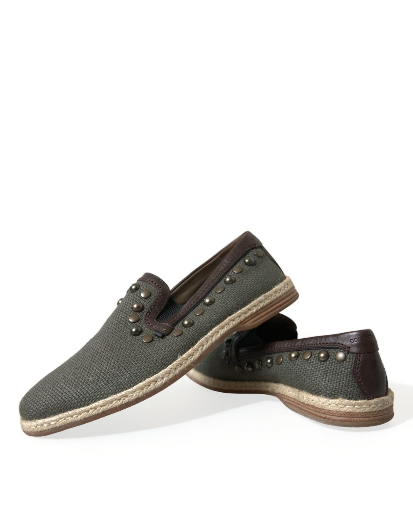 Gray Linen Leather Studded Loafers Shoes