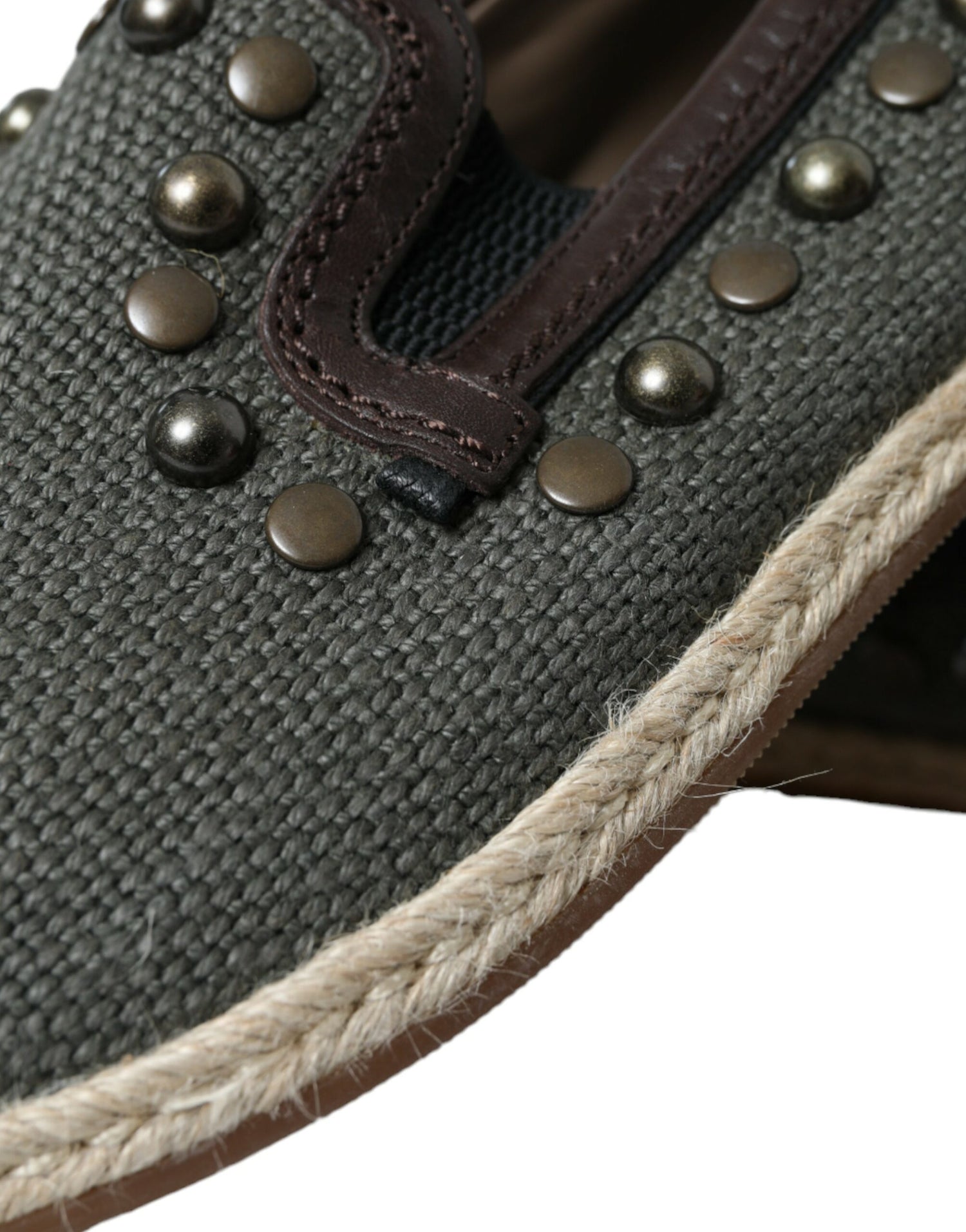 Gray Linen Leather Studded Loafers Shoes